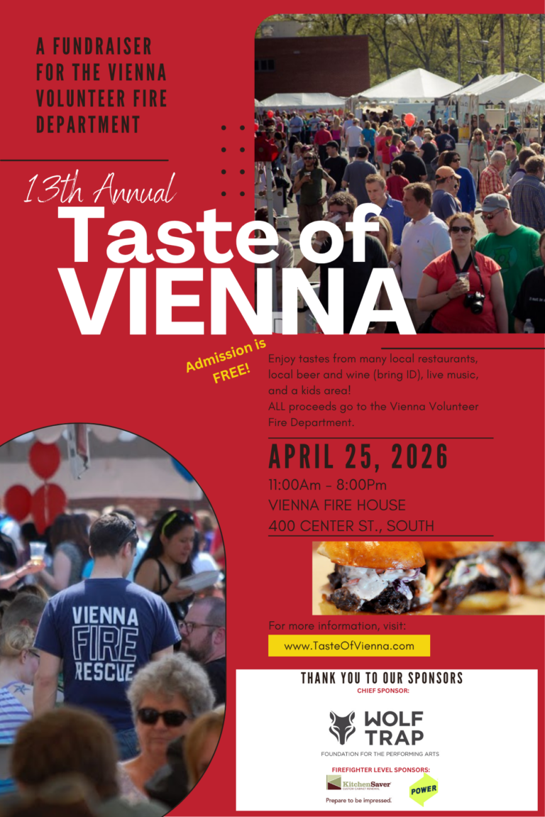 Poster for the 13th Annual Taste of Vienna, a fundraiser for the Vienna Volunteer Fire Department, with event details, sponsor logos, and a photo of a crowd outdoors. "Admission is FREE!" is highlighted in yellow.