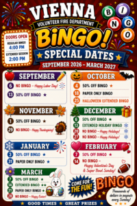 Colorful bingo event poster for Vienna Volunteer Fire Department, listing special bingo dates from Sept 2026 to Mar 2027 with themed graphics, prize details, and holiday notes, plus bingo balls and cartoon animals at the bottom.