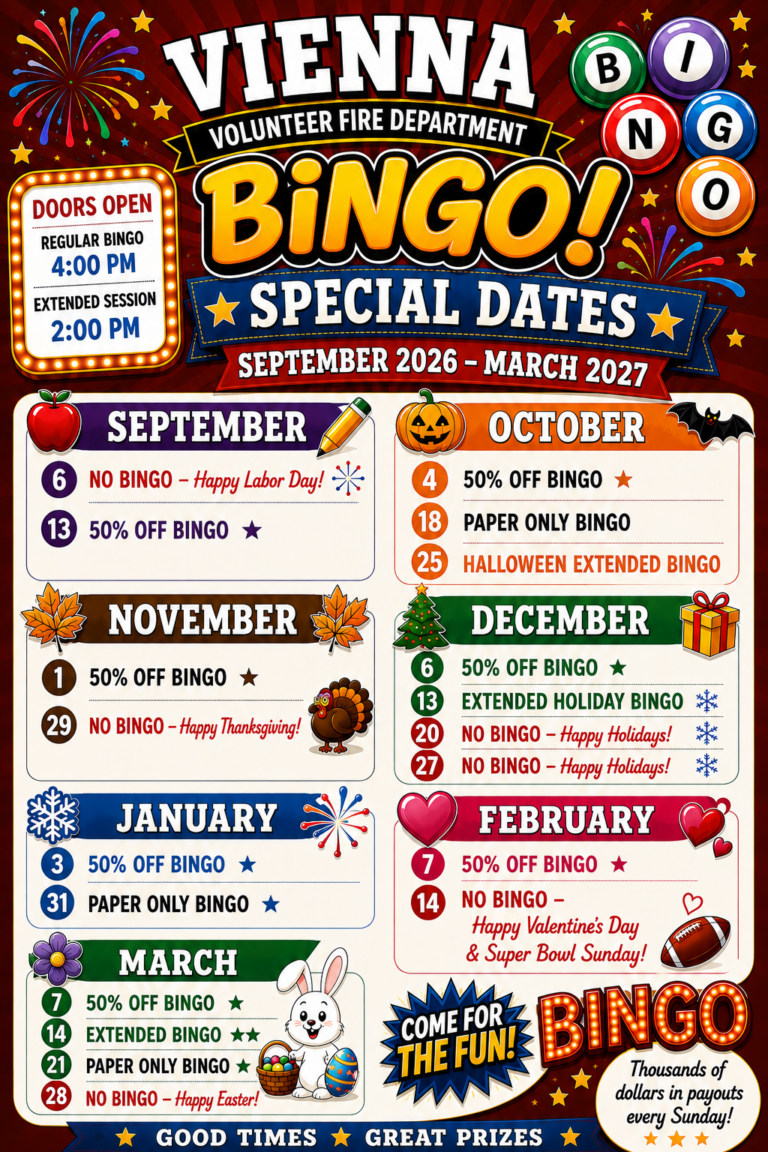 Colorful bingo event poster for Vienna Volunteer Fire Department, listing special bingo dates from Sept 2026 to Mar 2027 with themed graphics, prize details, and holiday notes, plus bingo balls and cartoon animals at the bottom.