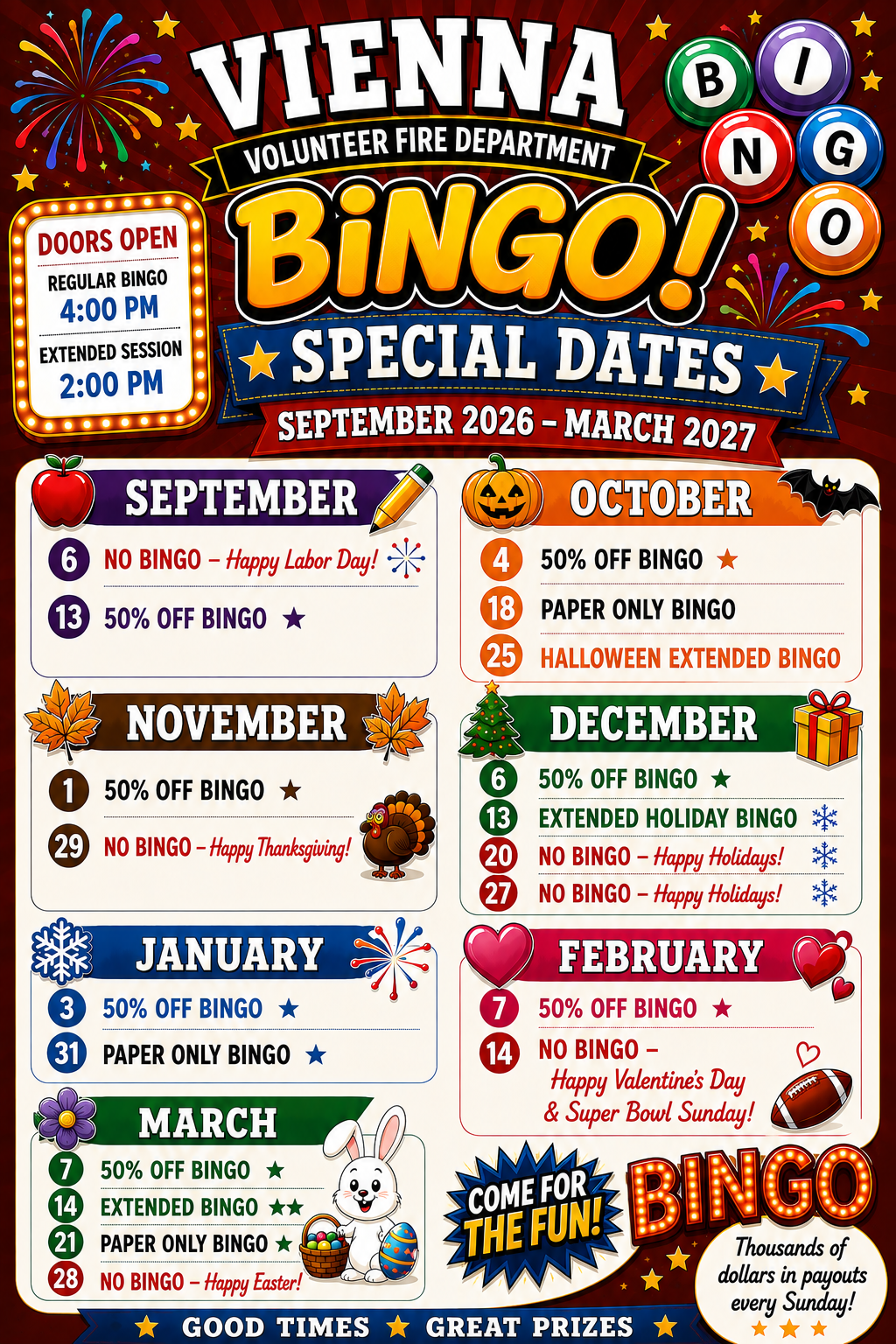 Colorful bingo event poster for Vienna Volunteer Fire Department, listing special bingo dates from Sept 2026 to Mar 2027 with themed graphics, prize details, and holiday notes, plus bingo balls and cartoon animals at the bottom.